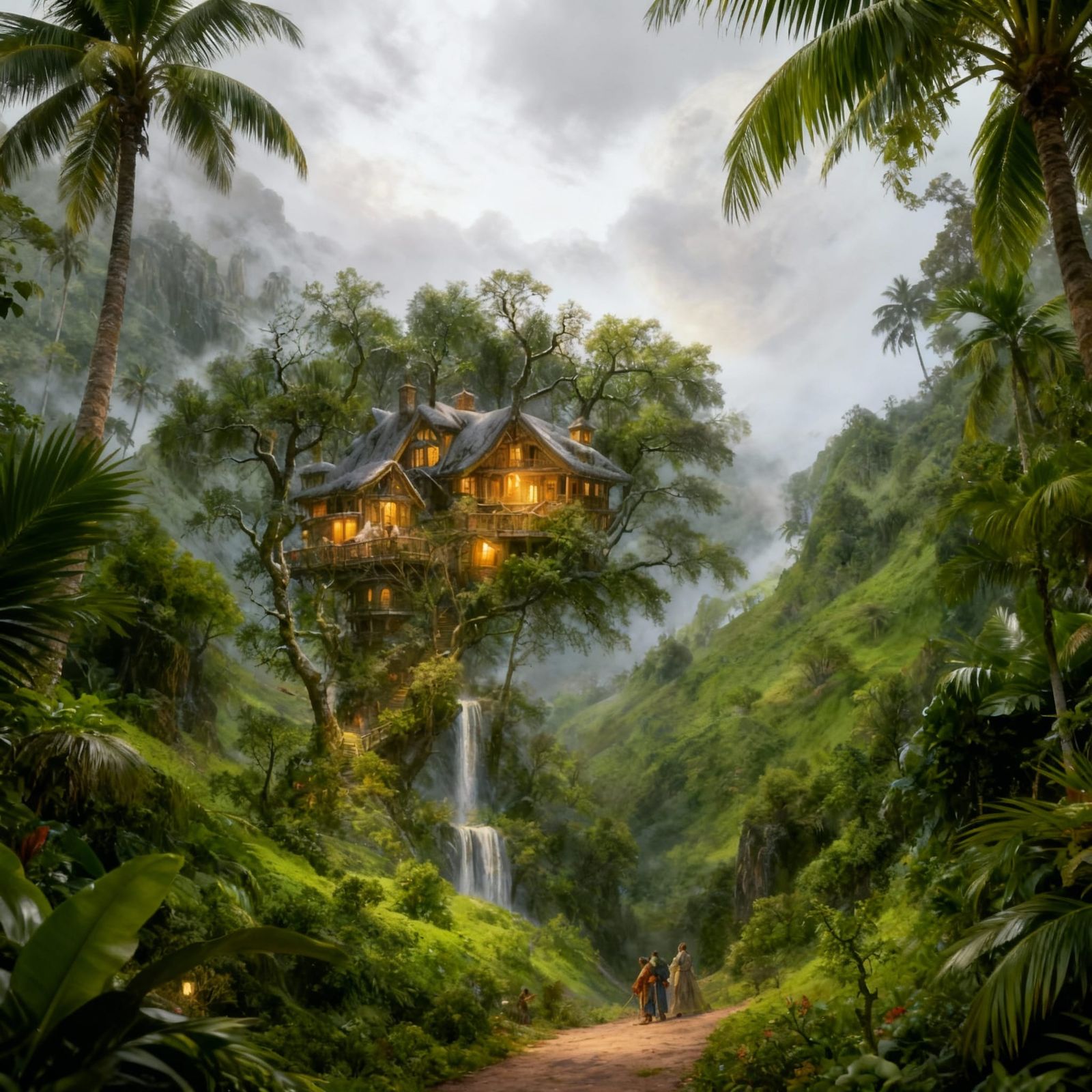 Lush Hawaiian Treehouse with Waterfalls and Misty Clouds