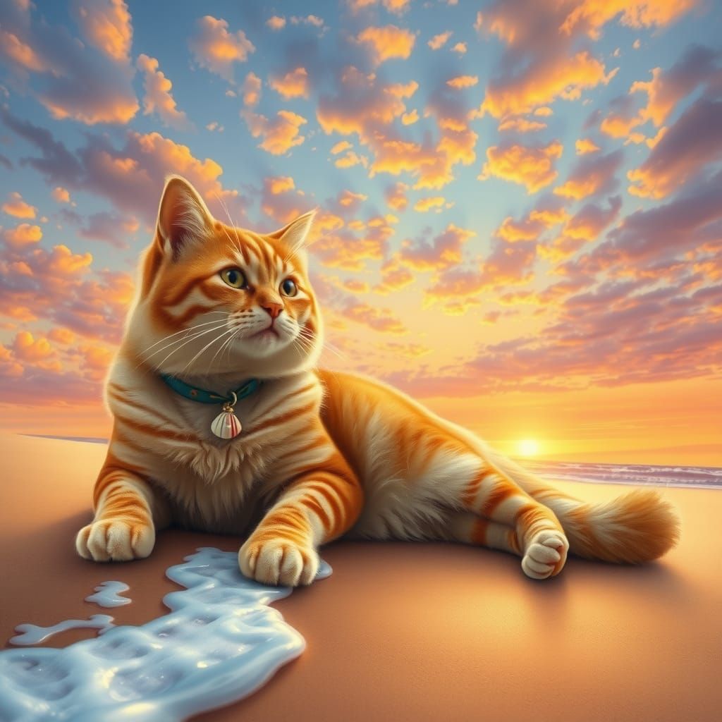 Picturesque Cat Lounging on Beach at Sunset