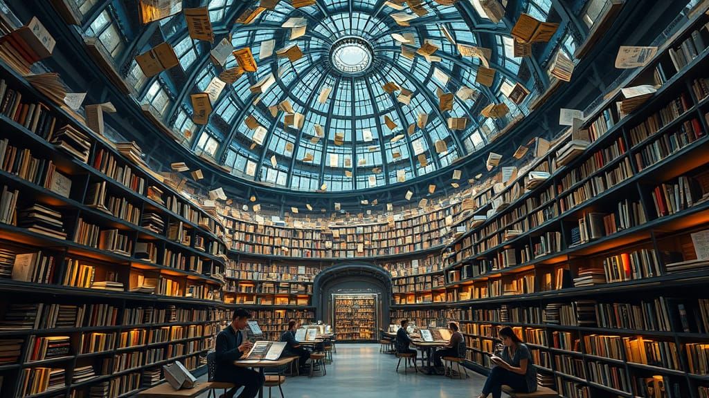 Majestic Futuristic Library in a Whimsical World of Levitati...