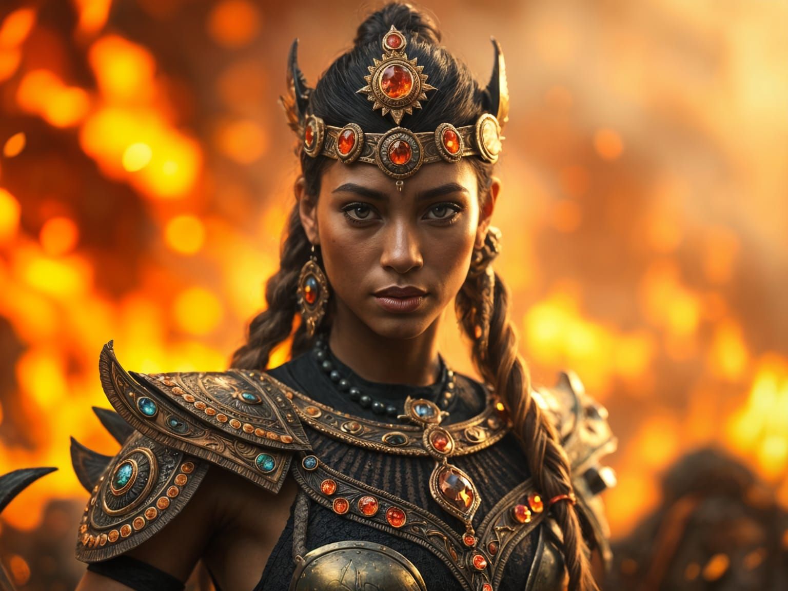 Fiery Amazon Portrait in Magical Land of Fire