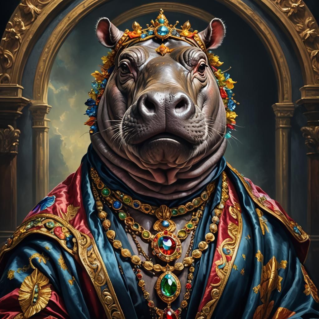 Hippo Portrait with Futuristic Jewelry, Oil Painting Style