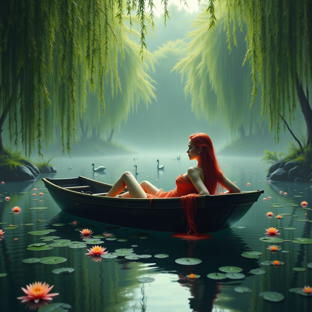 Woman in Boat on Lake: Fantasy Concept Art