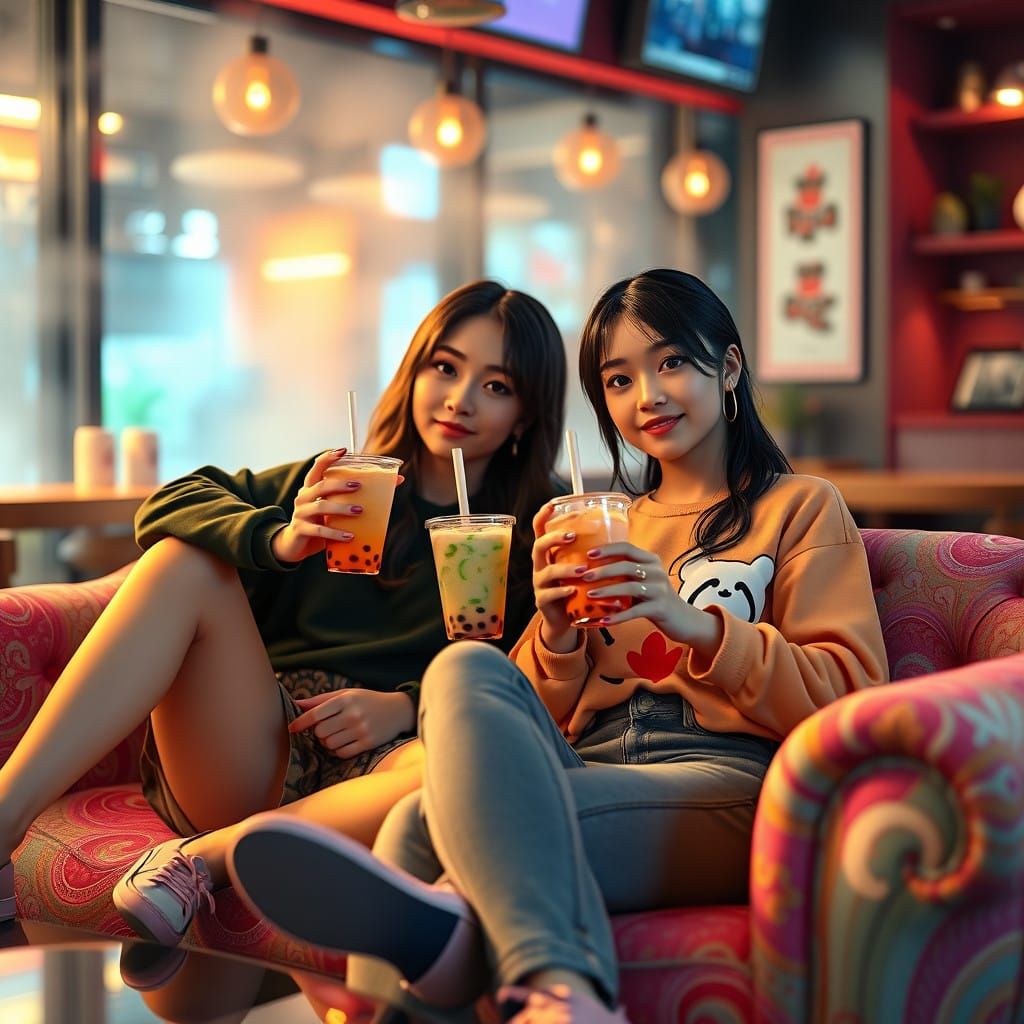 Friends Unwind with Boba on Vibrant Sofa in Trendy Shop