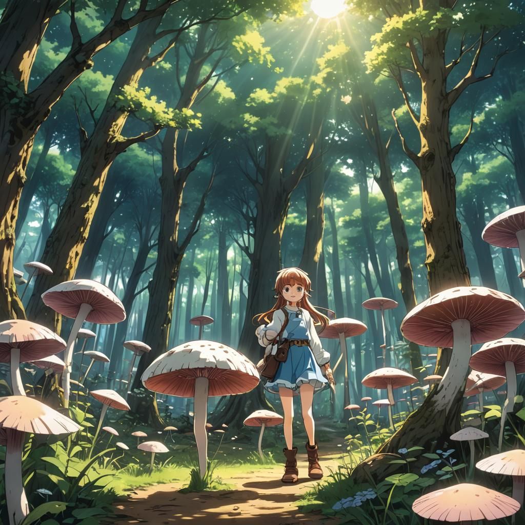 Fairy on Mushroom with Dewdrops in Anime Style