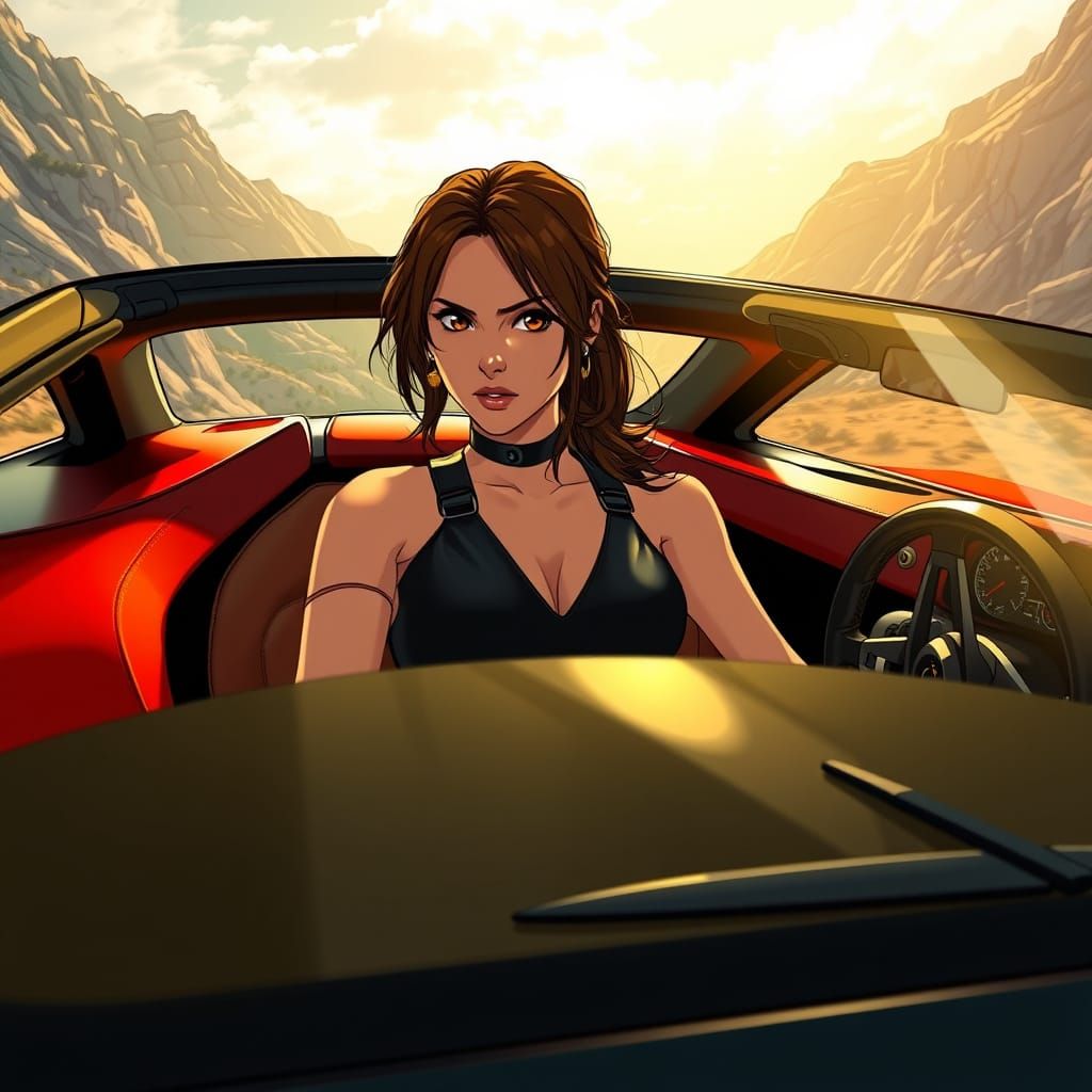 Anime Lara Croft Speeds Through Mountains in Cherry Red Lamb...