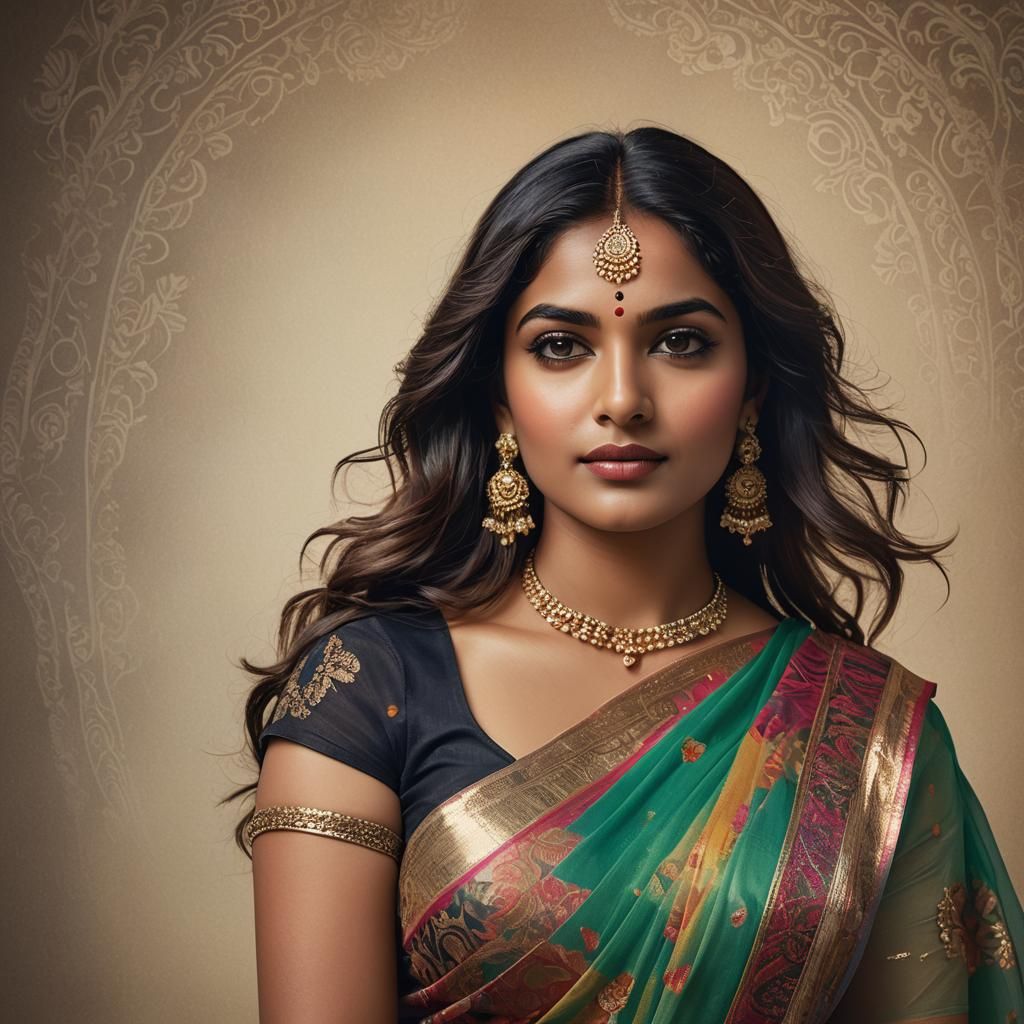 Indian Woman in Sheer Saree: Hyperrealistic Digital Portrait