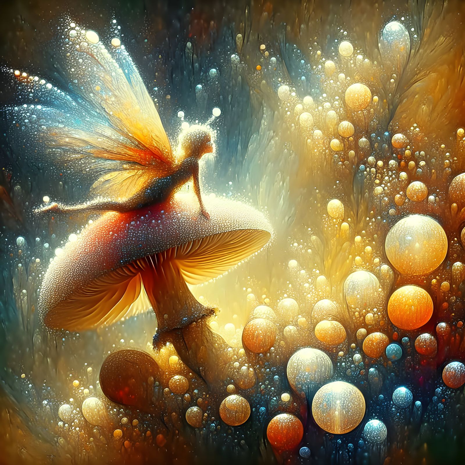 Macro Fairy on Mushroom, Neo-Impressionist Oil Painting