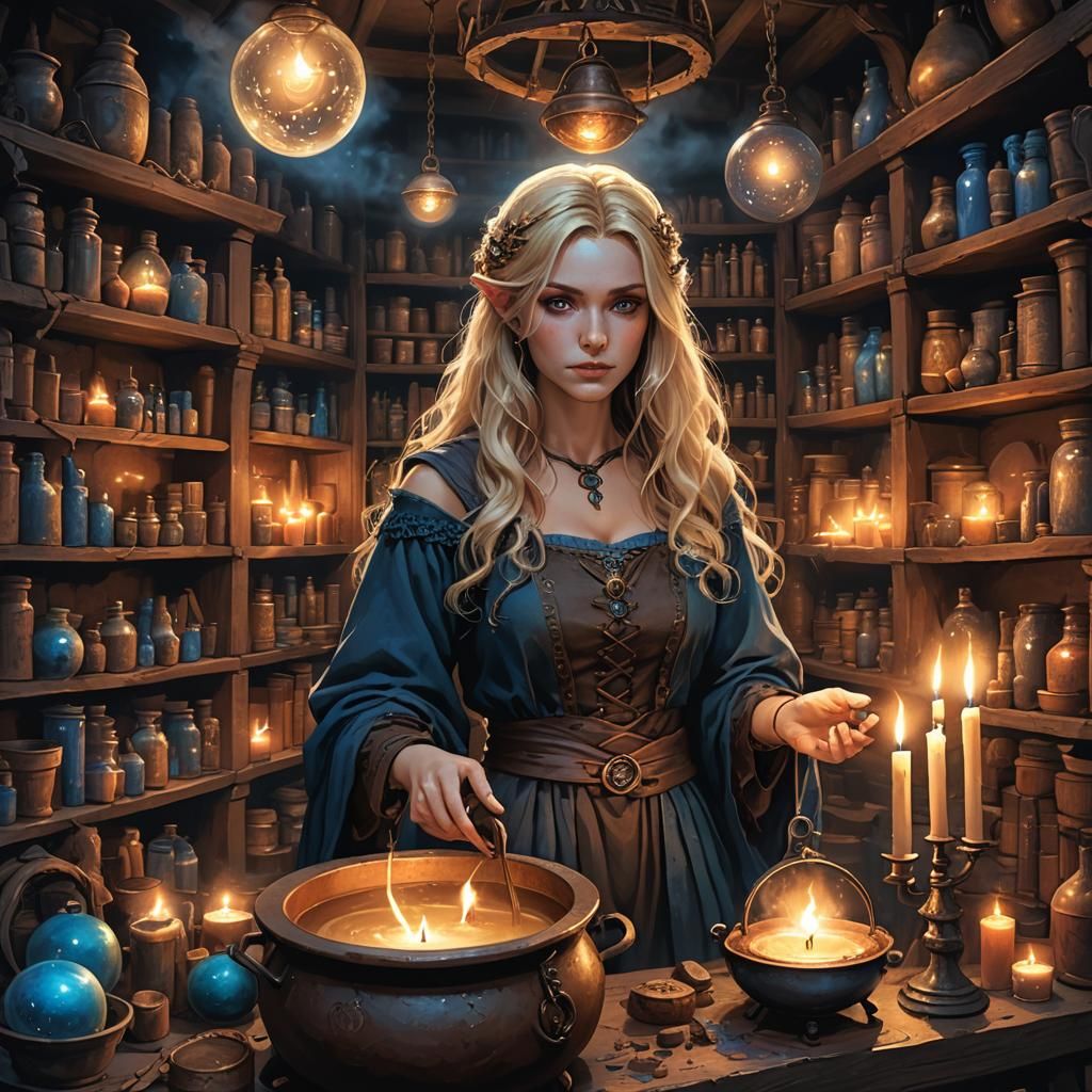 Witches Brewing Potions in Mystical Chamber, 3D Anime