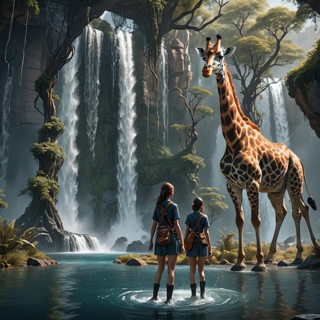 Girl and Giraffe at Waterfall: Fantasy Concept Art