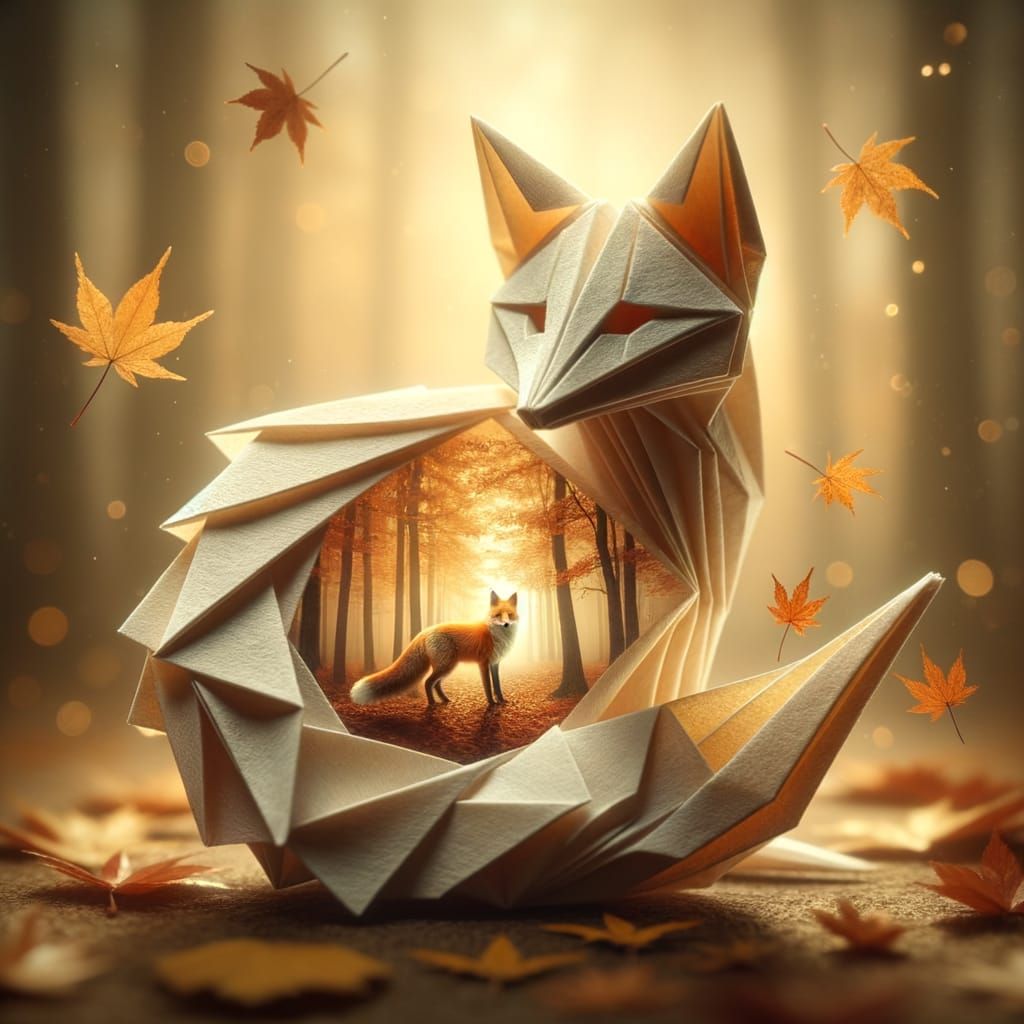 Origami Fox with Hidden Forest Scene