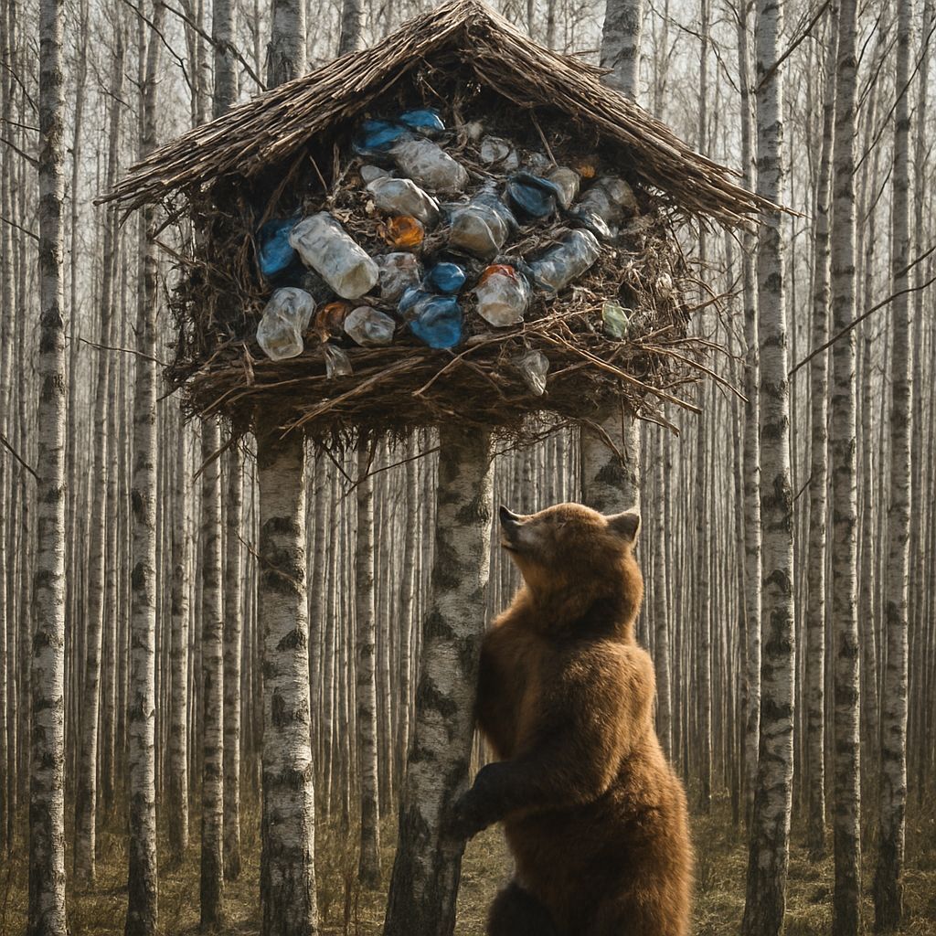 Double Exposure: Trash Nest in Birch Forest