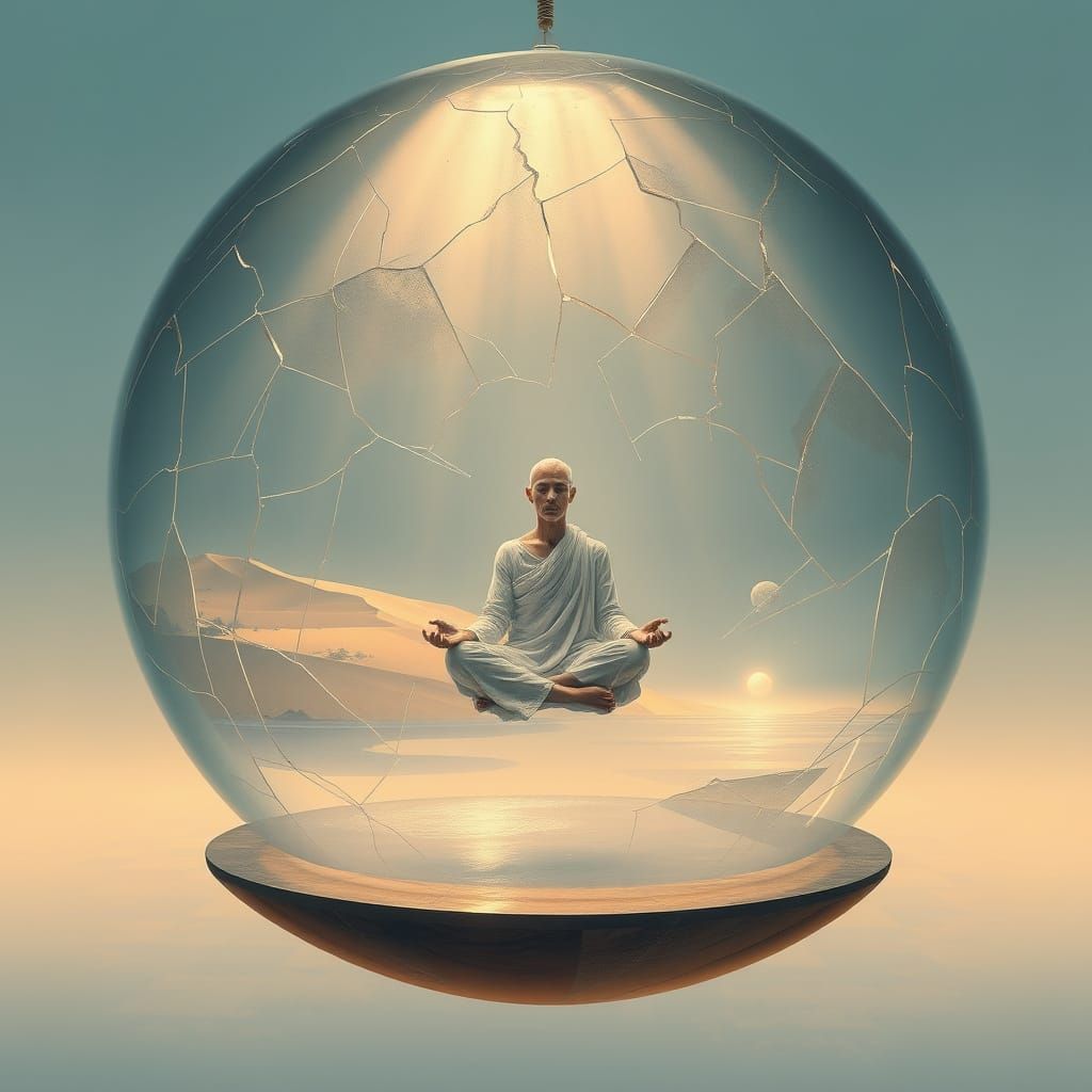 Meditating Figure in Fractured Glass Sphere