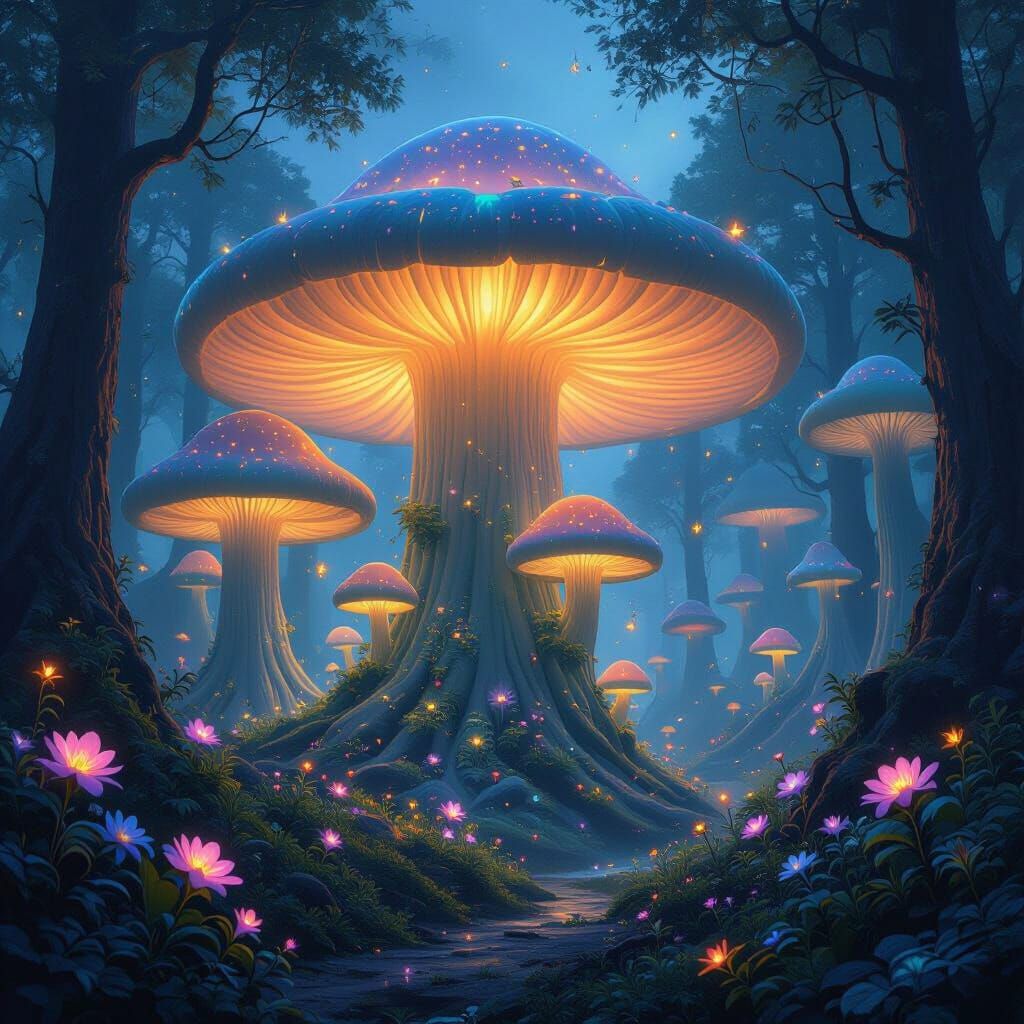 A colossal, bioluminescent mushroom forest at twilight, with...