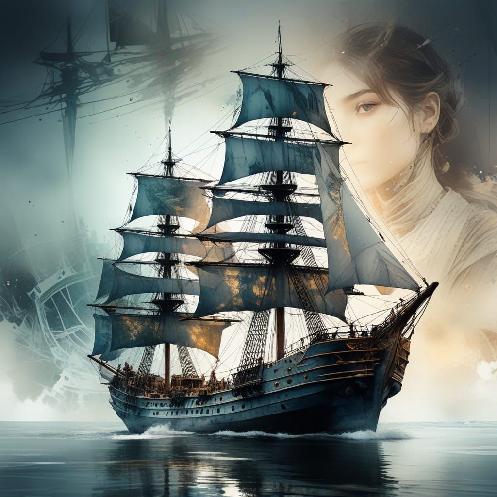 Ethereal Watercolor Portrait of a Sailor Amidst a Bustling S...