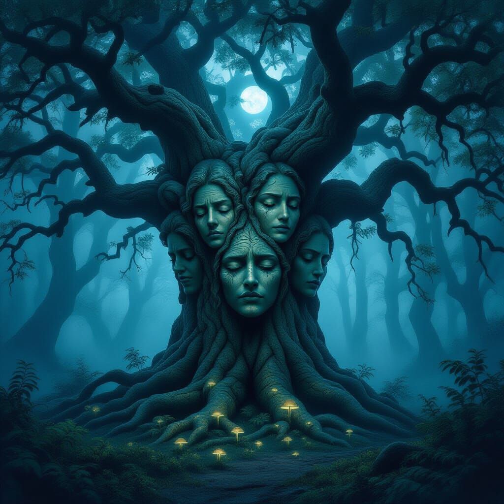 Ancient Tree with Ten Expressive Faces in Foggy Night Forest