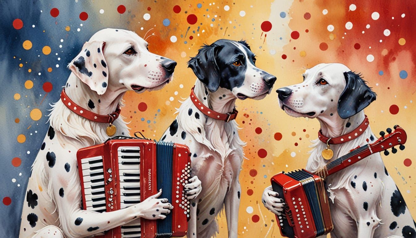 Dalmatians Listen to Accordion Player in Watercolour