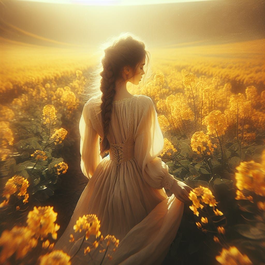 Woman in Golden Field: Dreamy Floral Landscape