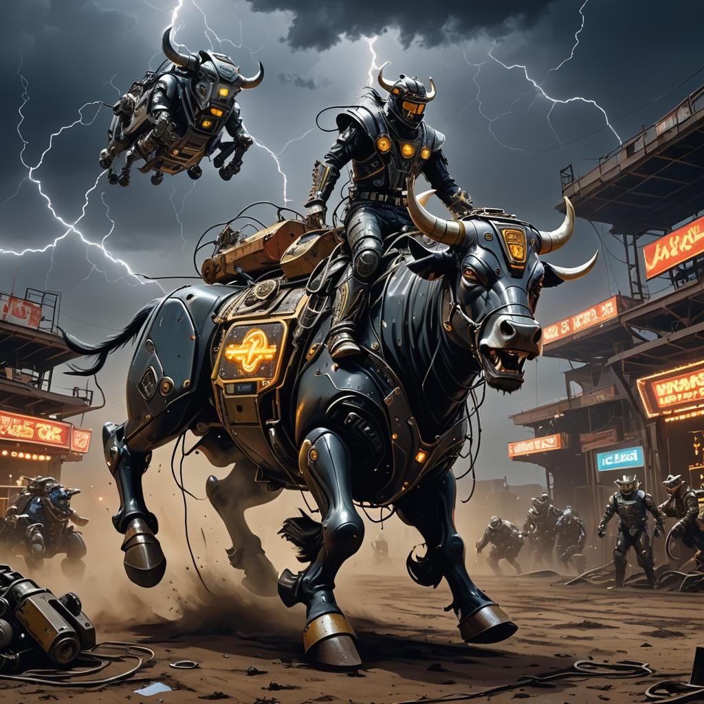 Mechanical Cowboy Rides Robotic Bull in Cyberpunk Rodeo