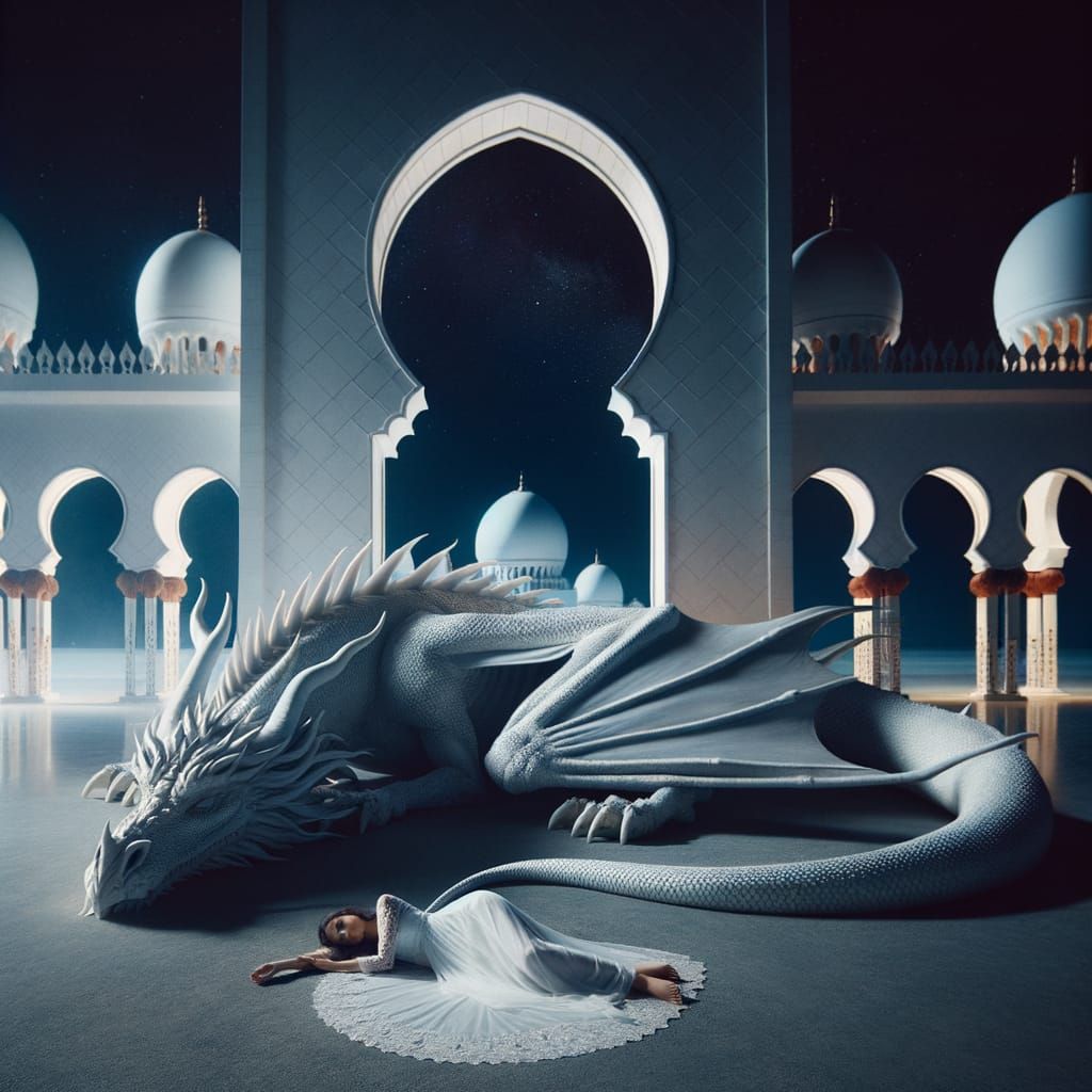 Woman and Dragon in Ethereal Night Scene