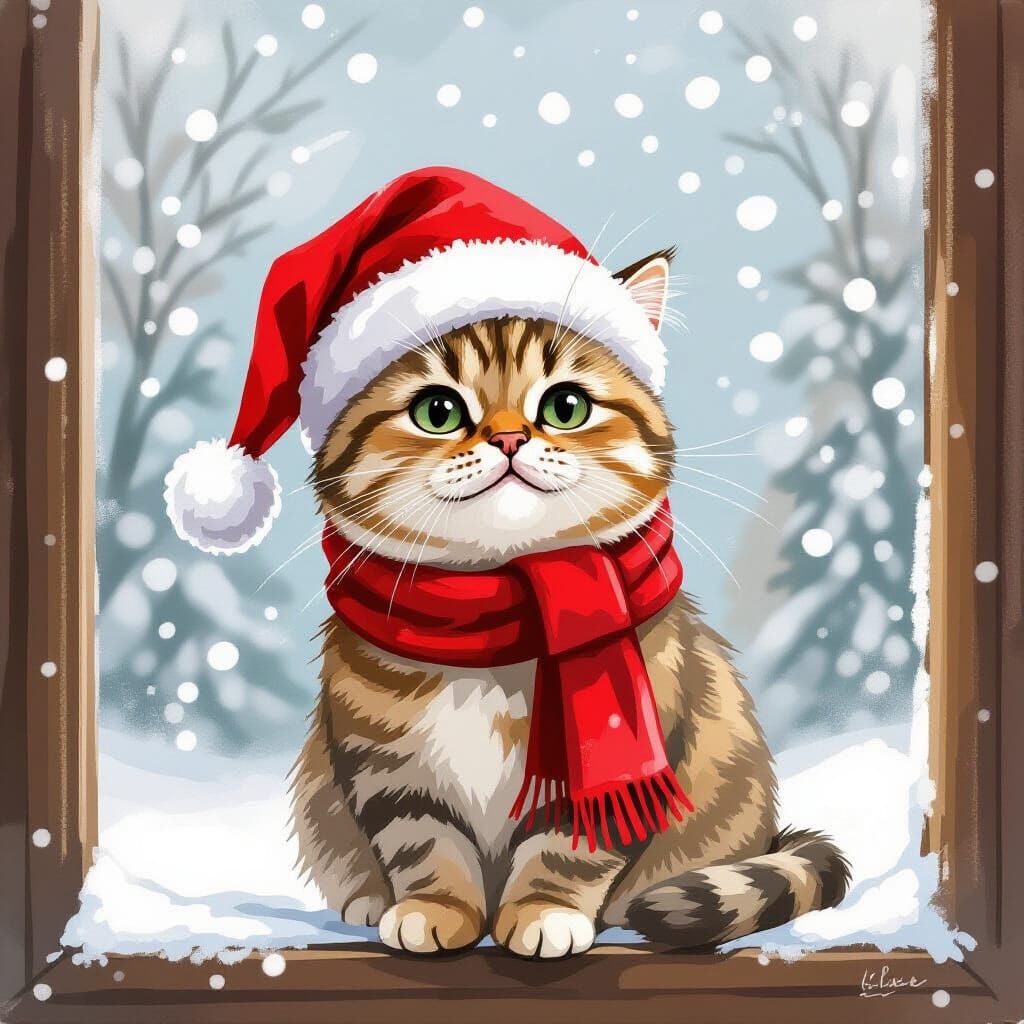 Joyful Cat Watching Snowfall in Watercolor Style