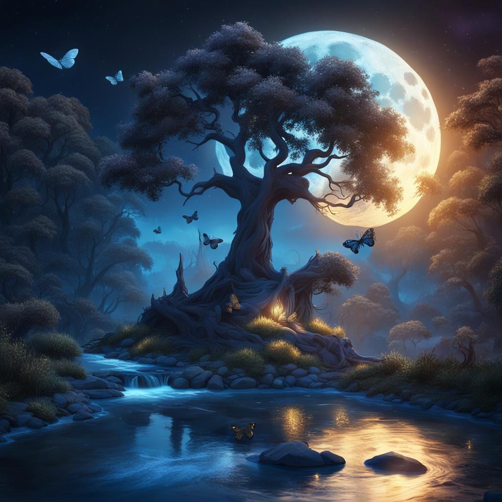 Fantasy Night Wallpaper with Moon, River and Butterflies