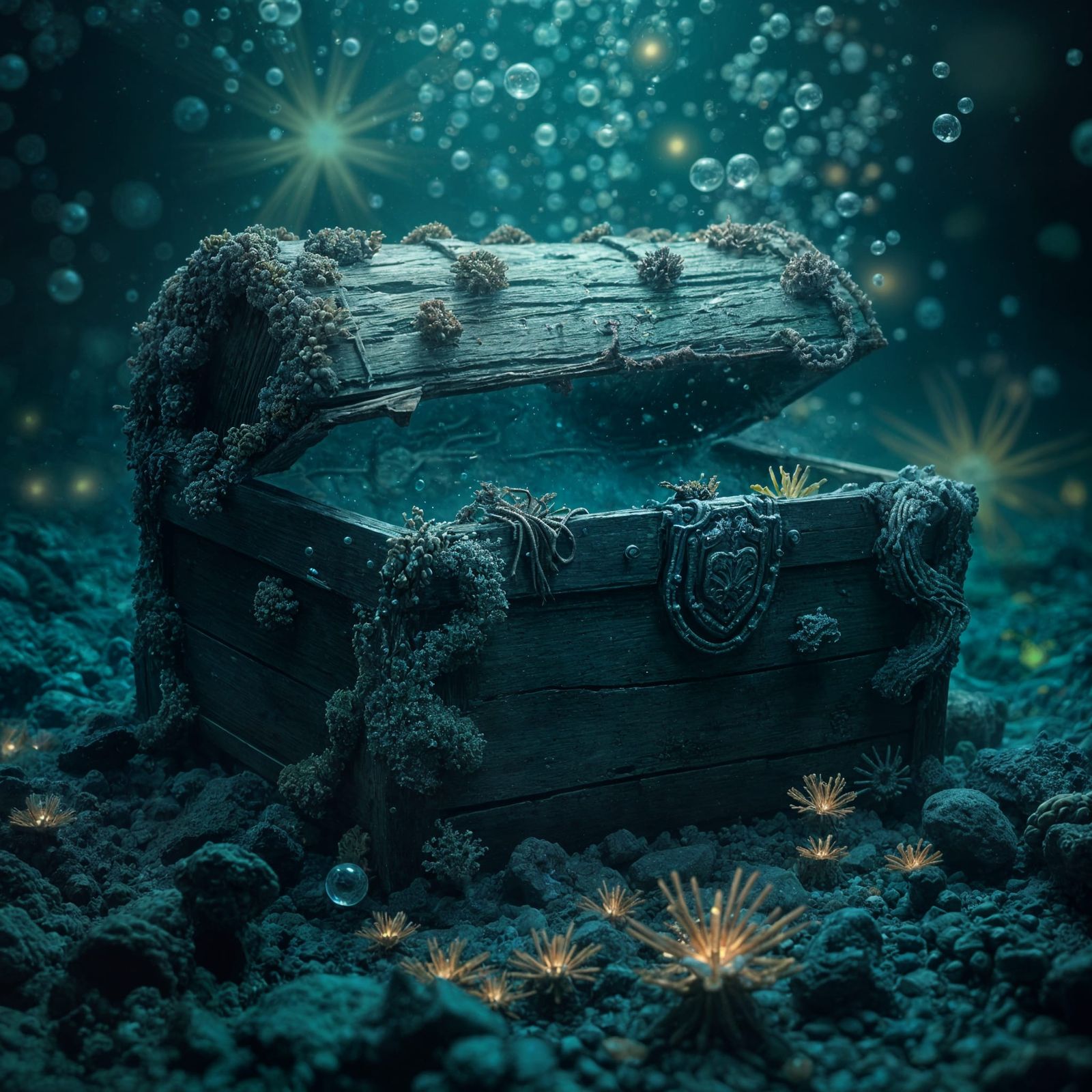 Barnacle-Encrusted Treasure Chest in Deep Ocean