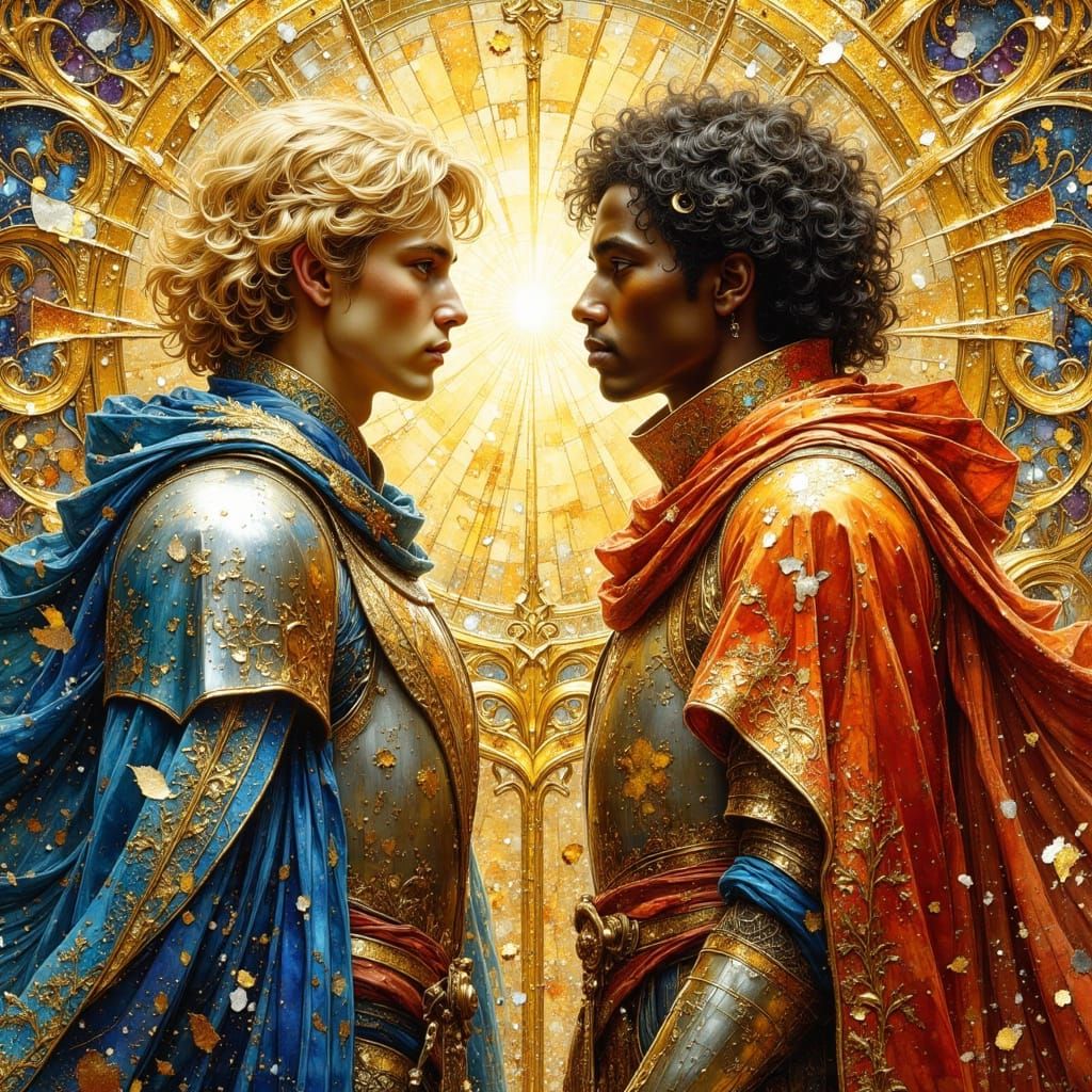 Ornate Armored Figures in Art Nouveau Style