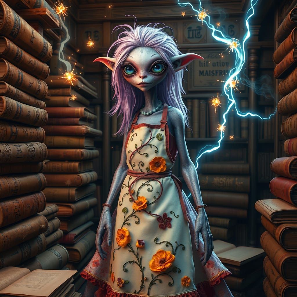 Mystical Lavender Alien in 19th-Century Library