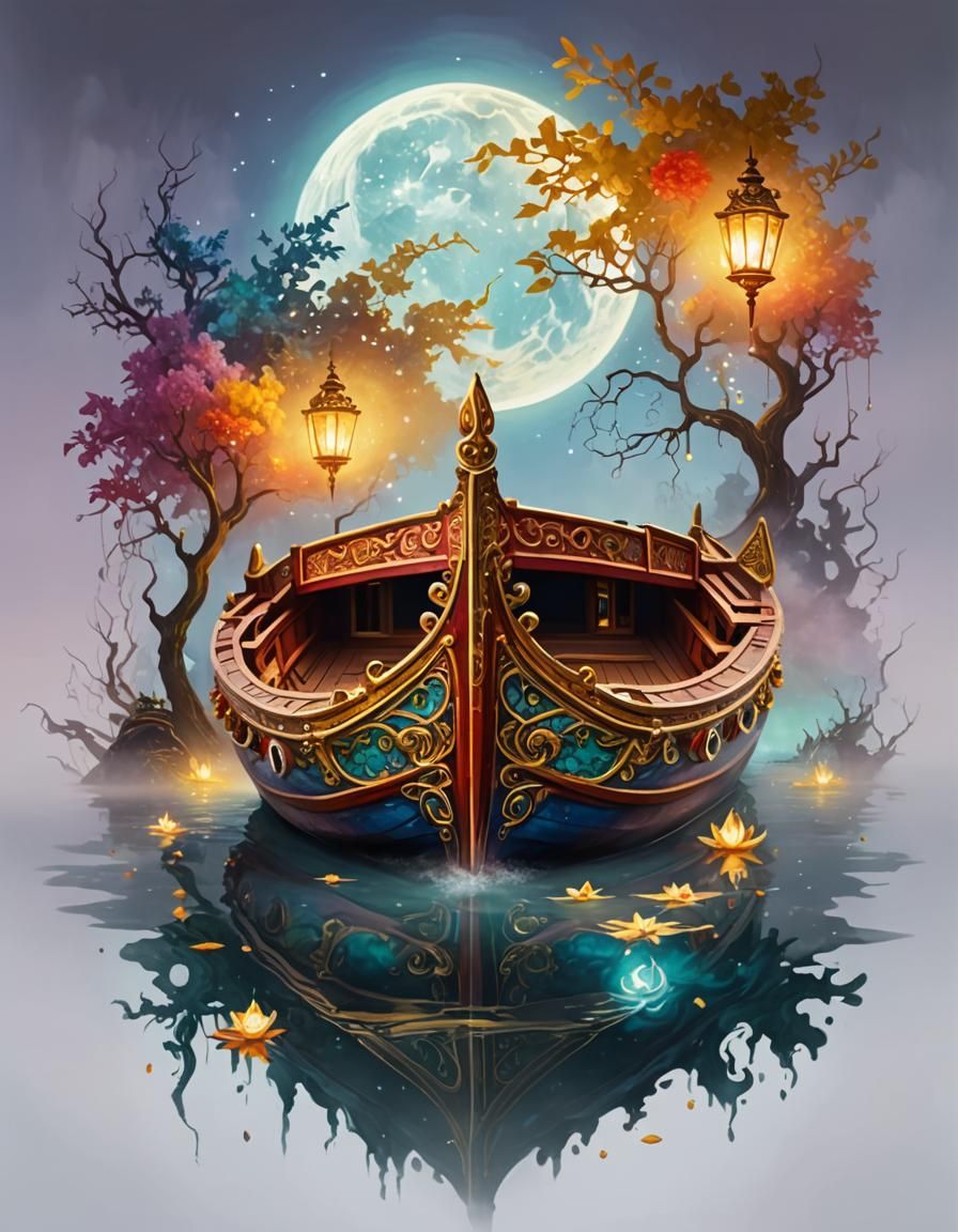 Ornate Magical Boat on Misty Water in Digital Art