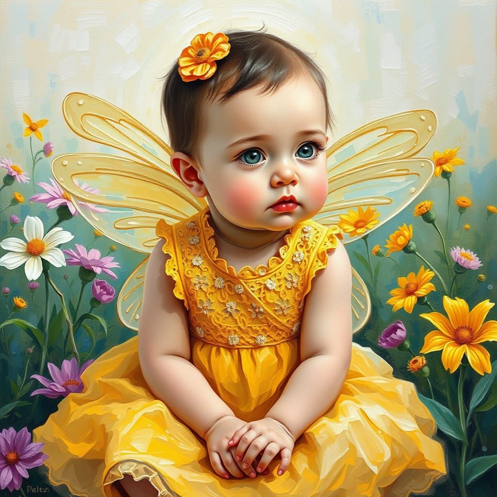 Surreal Fairy Baby in Bright Yellow Lacy Dress, Neo-Expressi...