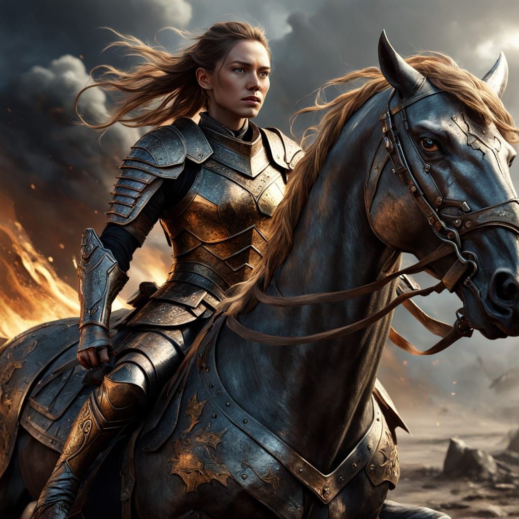 Hungarian Warrior on Warhorse in Battlefield, Hyperrealistic...