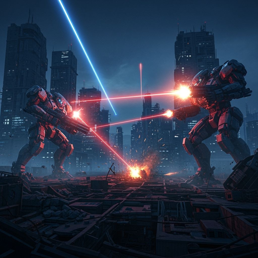 Cyberpunk Robot Battle in City Ruins
