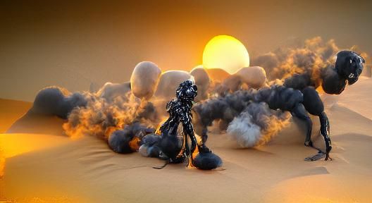 Smoky Figure in Desert Landscape with Volumetric Lighting