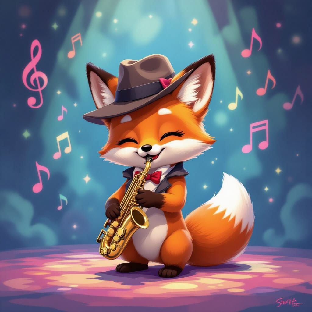 Chibi Fox Musician in Bohemian Digital Art Style