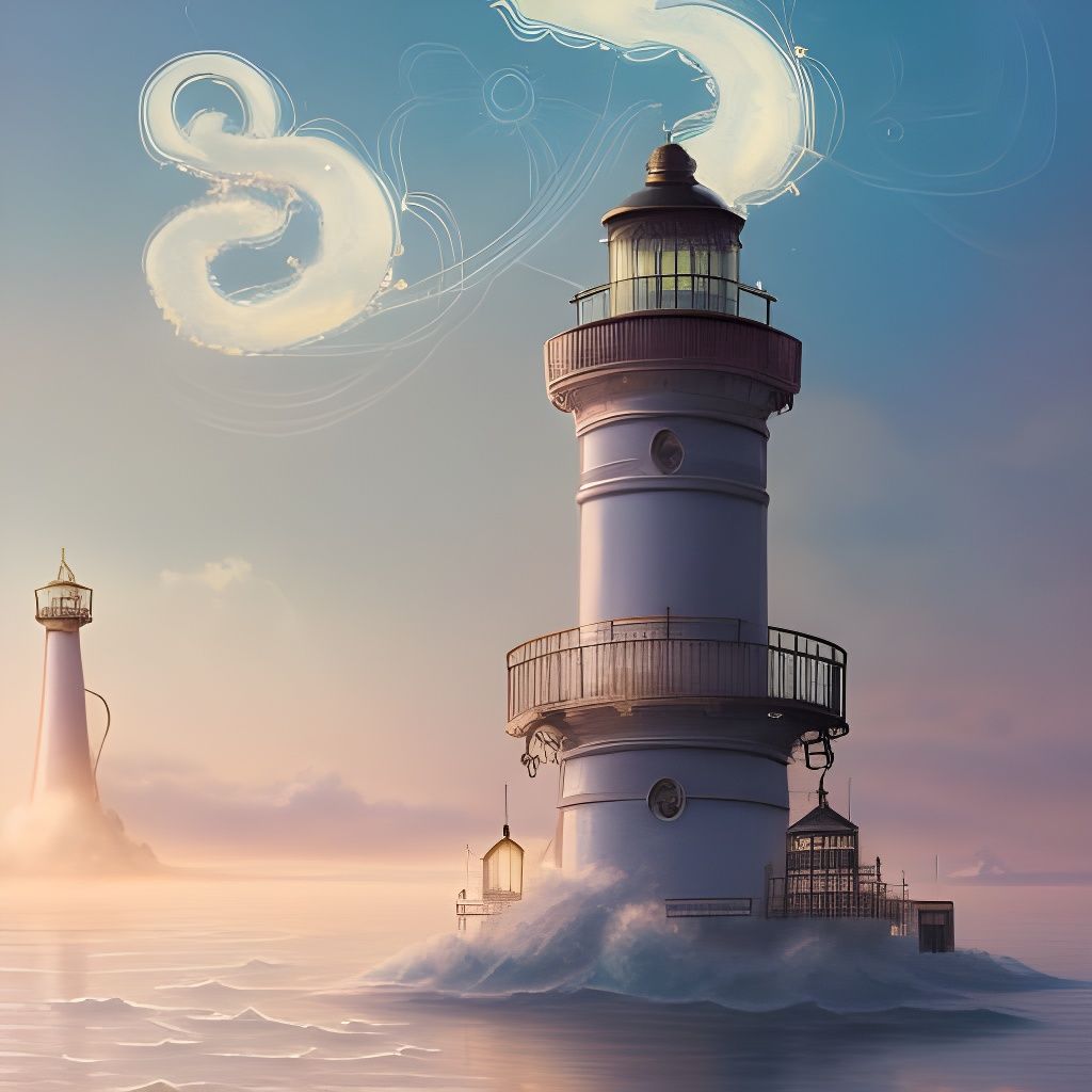 Clockpunk Lighthouse with Crystal Airships in Pastel Illustr...