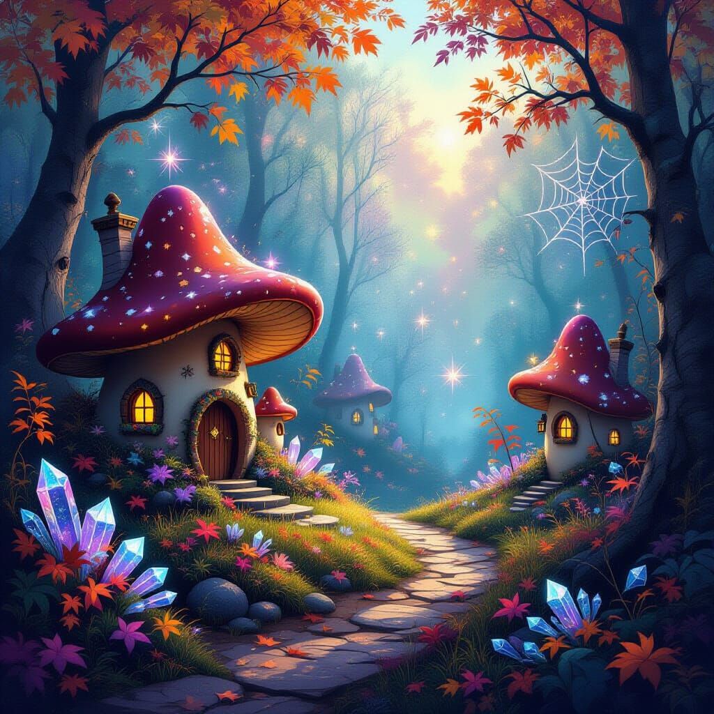 Whimsical Fairy Village in Cosmic Autumn Forest