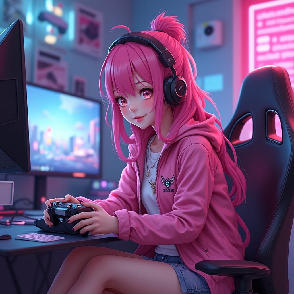 Trendy Gamer Girl in Neon-Lit Room: Anime Style