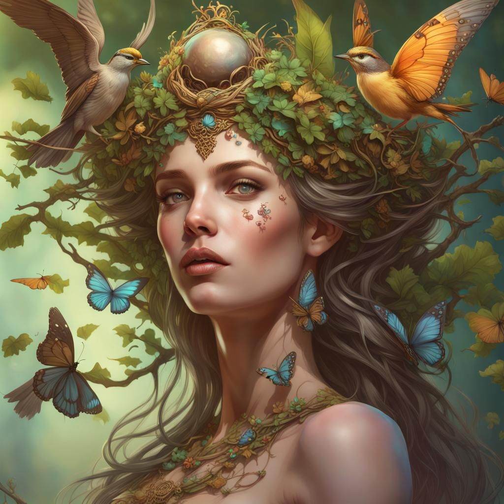 Dryad Empress Portrait with Bird Nest Crown