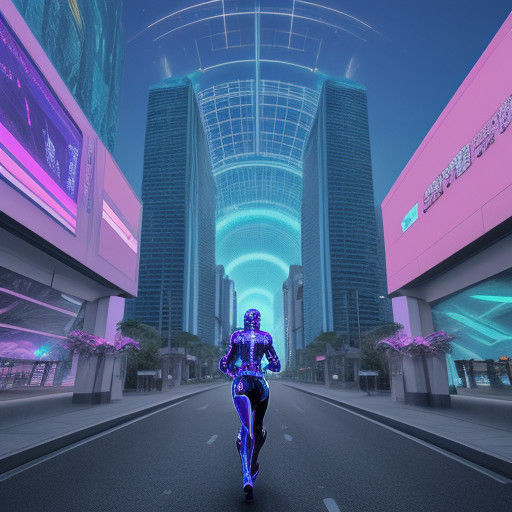 Vaporwave Sci-Fi Messenger Running Through Alien City Street...