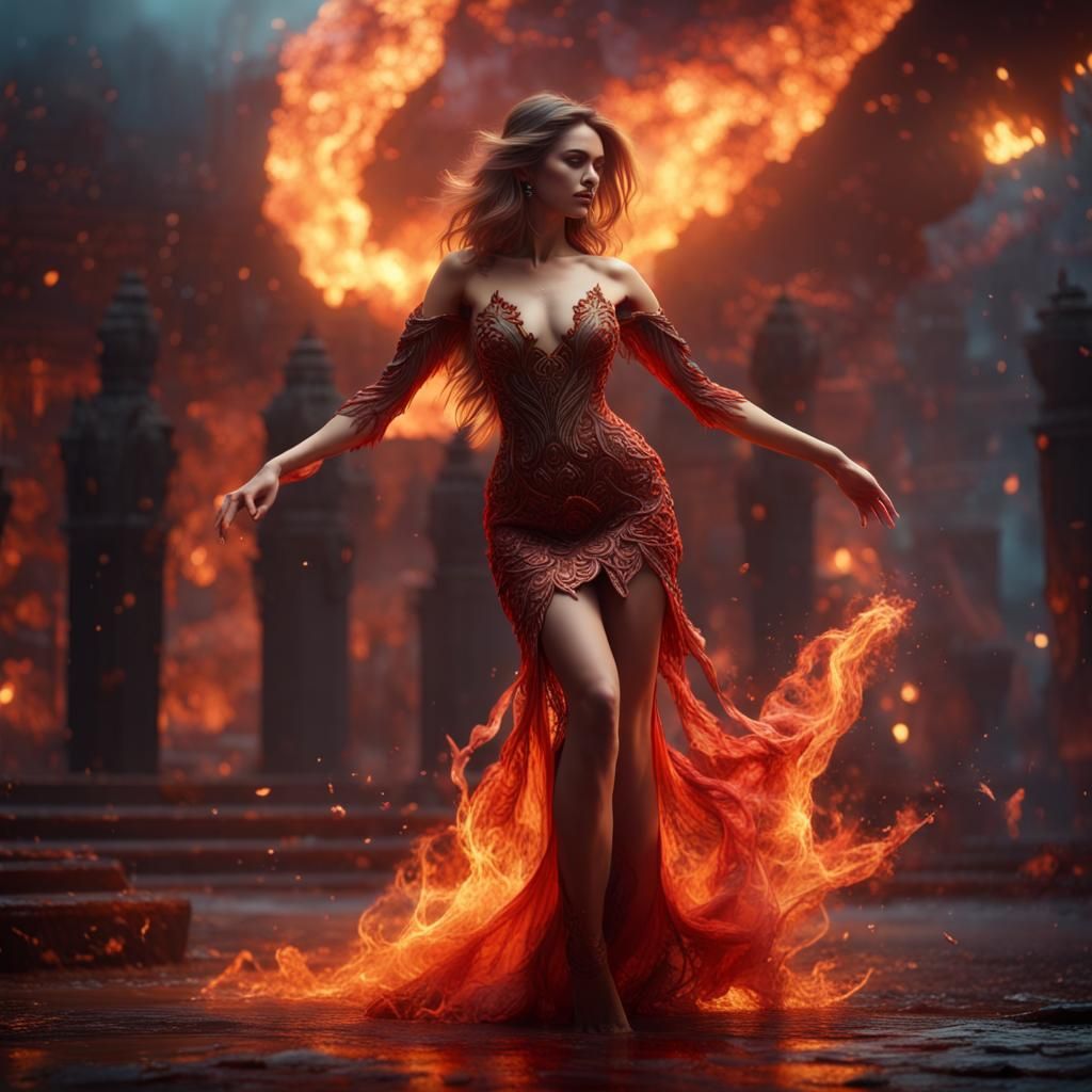Woman in Fire Dress: Fantasy Concept Art