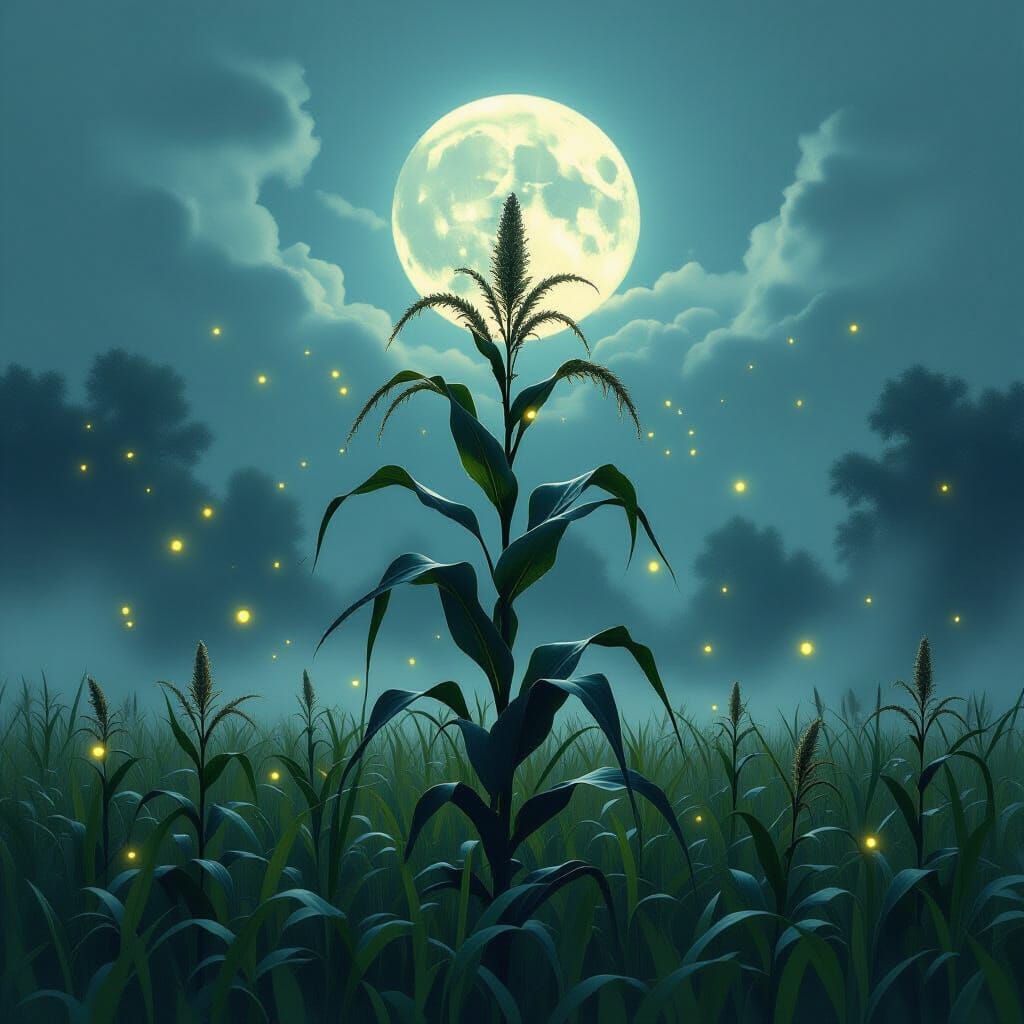 Solitary Maize Stalk in Misty Moonlit Field