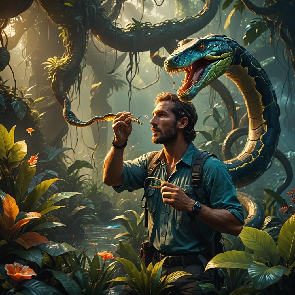 Jungle Man Eating Snake in Bioluminescent Fantasy Art