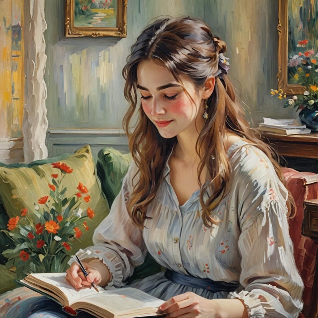 Impressionist Portrait of Woman Reading a Book