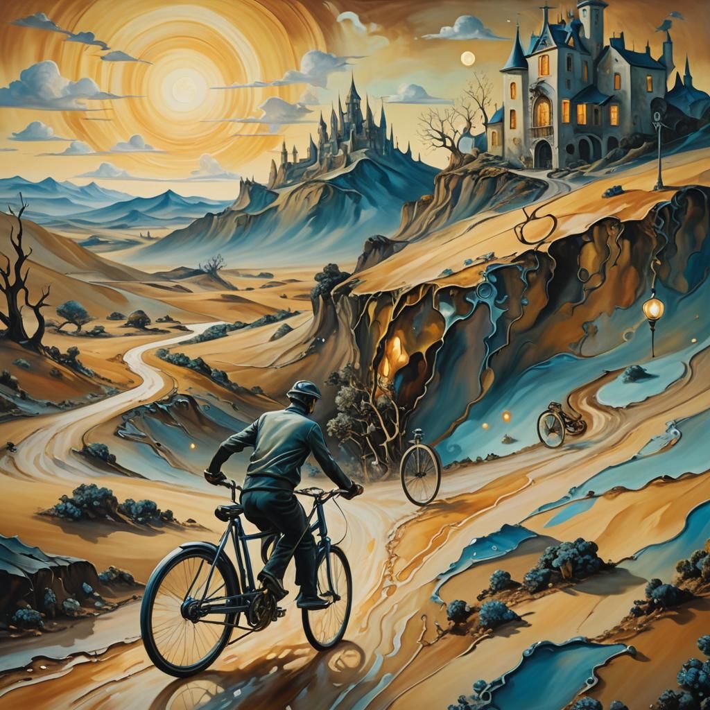 Cyclist in Dreamlike Landscape, Oil Painting