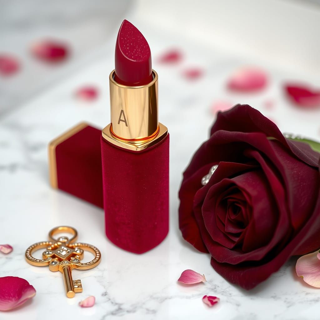 Luxurious Red Lipstick on Marble with Gold Accents