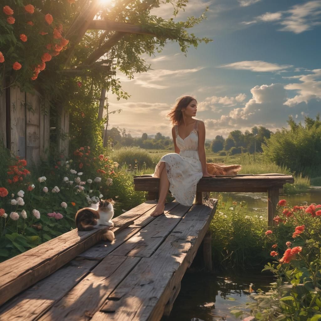 Woman and Cat on Dock at Golden Hour