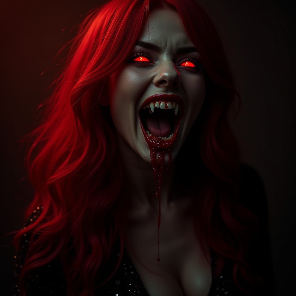 Ethereal Vampire with Crimson Eyes in Dark Office