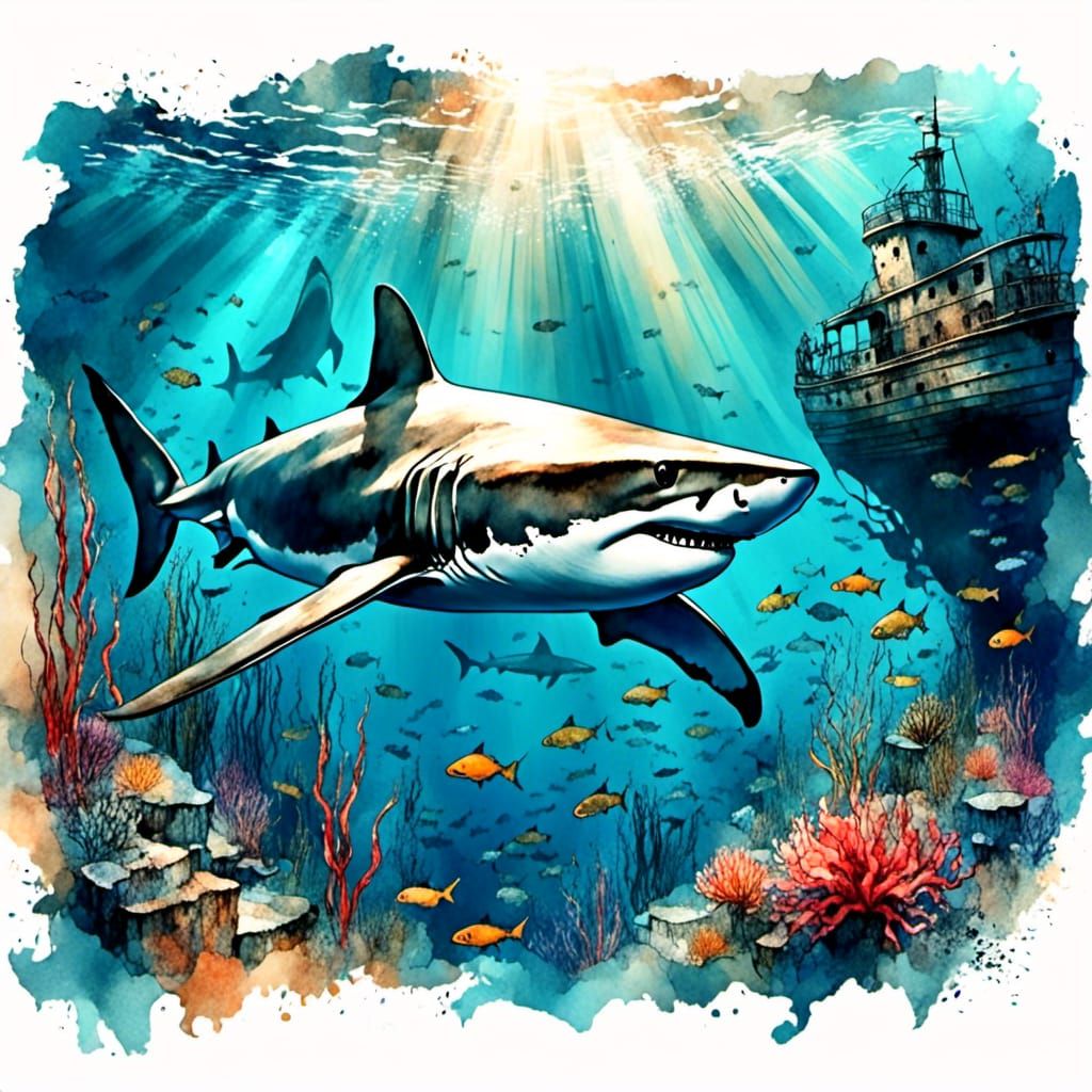 Shark in Shipwreck Underwater Scene
