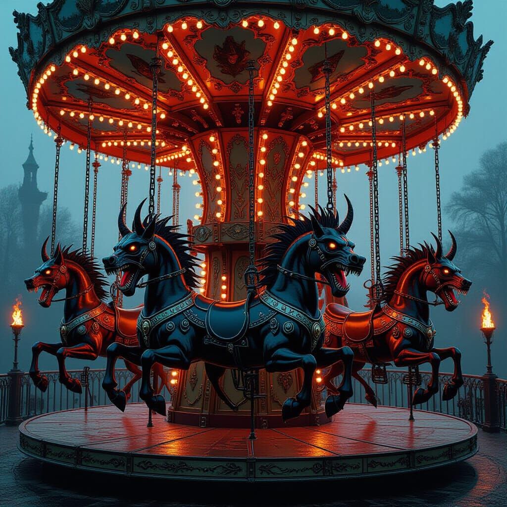 Gothic Metal Carousel with Biomechanical Beasts