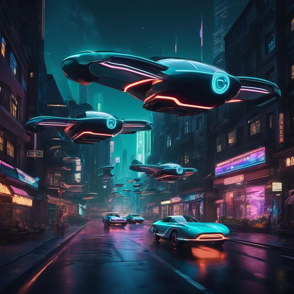 Retro-Futuristic Flying Cars in a Sci-Fi Cityscape